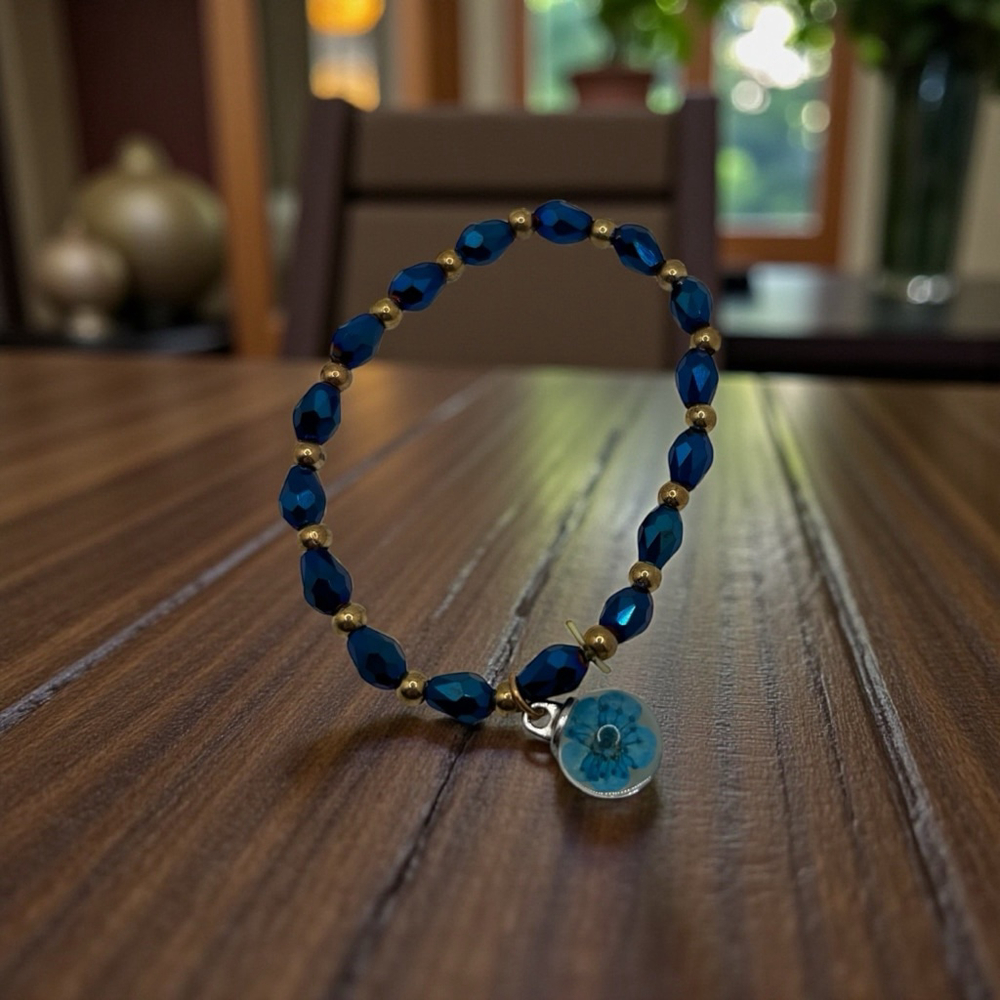 Blue & Gold Beaded Bracelet with Flower Charm